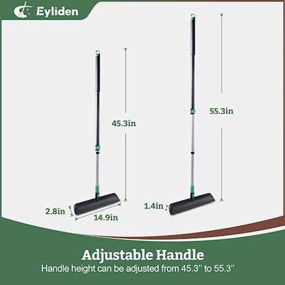 Eyliden Floor Scrub Brush, 15-inch Wide, 55" Long Handle Deck Brush | 2-in-1 Stiff Bristles and Rubber Squeegee, 45° Angle Head, Telescoping Handle, for Bathroom Shower Kitchen Patio Garage