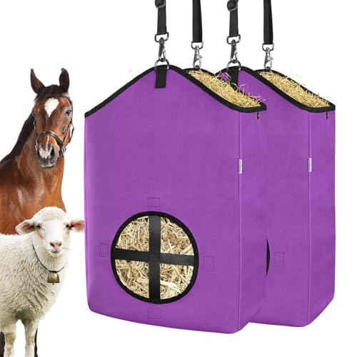 Hay Bags,Slow Feed Hay Bags for Horses,Goats,Donkeys with Reinforced Oxford Fabric and High Strength Metal Clasp,Horse Feeding Supplies with Strap for Easy Hanging (2 Purple) - color: 2 Purple