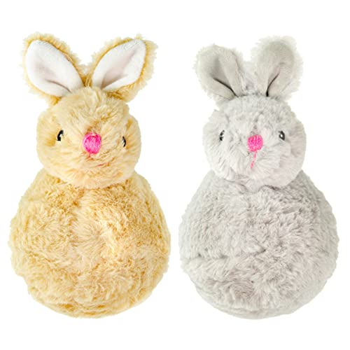 Giftable World 7.5 Inch Plush Pet Toy Bunny with 5 Inch Squeaky Bouncy Ball and Crinkle Ears (2 Pcs Tan Gray) - color: Tan & Gray