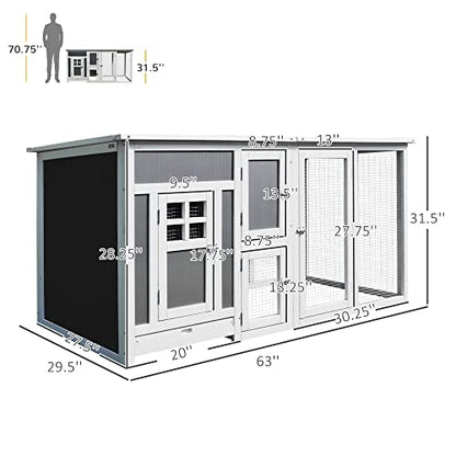 PawHut 63" Outdoor Chicken Coop Wooden, Chicken Cage with Run Area, Nesting Box, Hen House with Waterproof Roof, Removable Tray