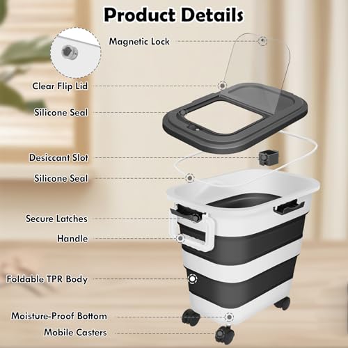 Dog Food Storage Container, 25Lbs Large Collapsible Pet Cat Food Container with Airtight Lids Wheels Handle Scoop Measuring Cup Small Container, Rice Kitchen Dry Food Storage Dispenser Bin (Black)