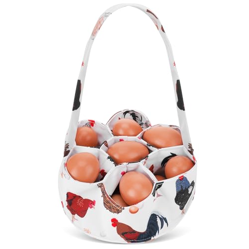 Egg Collecting Basket, Canvas Egg Basket for Gathering with 7 Pouches for Chicken, Duck, Goose, Bird, Various Poultry Collection (Black and white chicken) - style: Black and white chicken