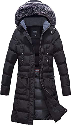 ELORA Women's Heavyweight Winter Parka | Mid-Length Vegan Down Puffer Coat with Cargo Pockets and Faux Fur Hood - color: Black, size: Small