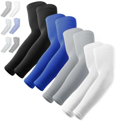 OutdoorEssentials UV Sun Sleeves for Men & Women, Cooling Arm Sleeves UPF 50+ | Golf, Tattoo Cover Up, Sun Protection - color: (4 Pairs): 1 Black, 1 Gray, 1 Blue, 1 White