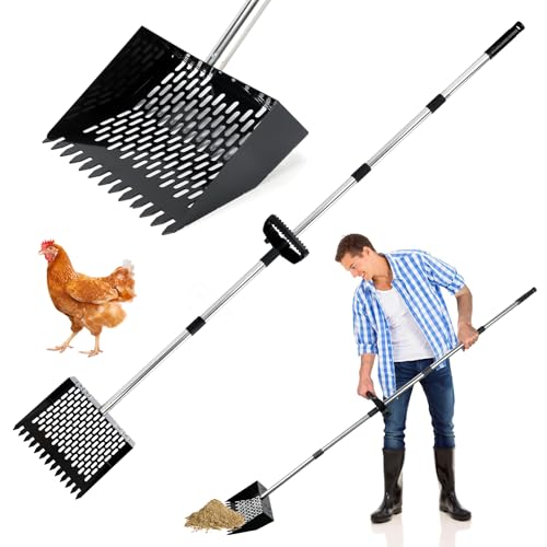 Rypet Chicken Poop Scooper & Rake 2-in-1 with Grip, 10 inches Metal Chicken Coop Scooper with Adjustable Stainless Steel Handle (36" to 74"), Sand Sifting Litter Shovel for Chicken Coops Farm Animal