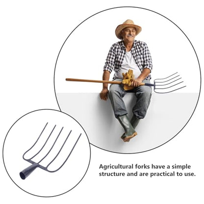 Handheld Manure Fork Solid Iron Farm Implement Grass Fork for Gardening, Composting, and Farm Use with Five-Prong Sturdy Design