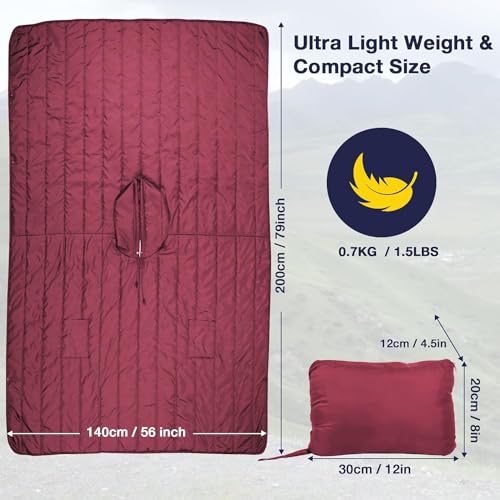 DUKUSEEK Outdoor Wearable Camping Blanket, Large Packable Backpacking Hooded Stadium Blankets, Lightweight Warm Quilt for Picnic, Hiking, Football, 79"X56", Wine Red - color: Wine Red - Wearable Camping Blanket