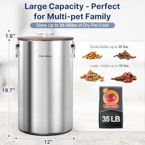 Paw Libero 2PK 35 Lbs total 70Lbs Stainless Steel Dog Food Storage Container with Airtight Wooden Lid & Ceramic Bone Handle, Large Metal Dog Food Bin for Dogs & Cats, Keep Fresh, Easy to Clean - size: 35 lbs - 2pk