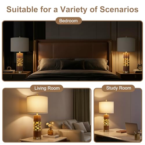 KIVDITZO 27.5" Rustic Living Room Table Lamps Set of 2 with Night Light, Leather Table Lamps with USB A+C Ports for Bedroom, Bedside Lamp with Linen Shade for Office Bedroom Nightstand(Bulb Included)