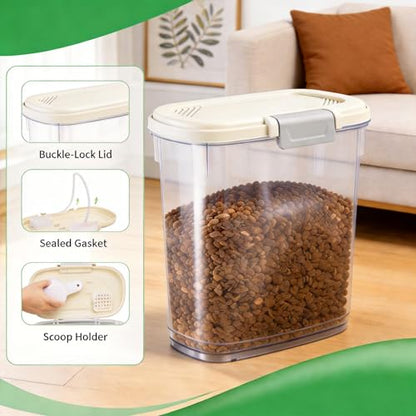 Airtight Dog Food Storage Container 10 Lbs - Slim Tall Pet Cat Food Treat Container with Lid, Scoop and Cup - Clear Plastic Dry Food Storage Bin for Dogs, Cats, Bird Seeds, Kibble, Pellets - color: Cream White