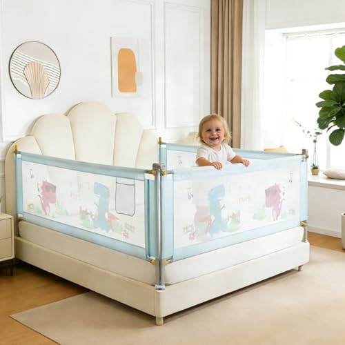 Bed Rail for Toddlers Queen Mattress Size Swing Down Side Rail Guard Rail for Kids (Blue Dinosaur, Queen) - color: Blue Dinosaur, size: 3 Sides for Queen Size