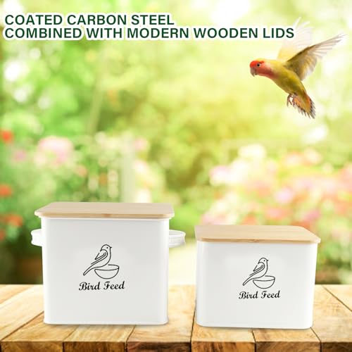 Airtight Bird Seed Storage Container Set of 2, 10LB Metal Bird Food Container with Bamboo Lids,Wild Bird Seed Tin for Storing Sunflower Seed-Squirrel proof -White - color: White(Bird Feed)