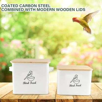 Airtight Bird Seed Storage Container Set of 2, 10LB Metal Bird Food Container with Bamboo Lids,Wild Bird Seed Tin for Storing Sunflower Seed-Squirrel proof -White - color: White(Bird Feed)
