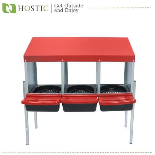 HOSTIC Red Chicken Nesting Box for Laying Egg with 3 Compartment and Metal Legs Chicken Egg Laying Box with Lid Cover