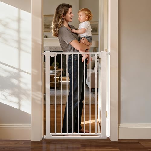 43 inch Tall Safety Dog Gate Adjustable 29.7-57 inch Extra-Wide Metal Pet Gate Drill-Free Pressure-Mount Installation kit Self-Closing Cat Gate for Stairwells、Doorways（White） - color: White, size: 29.7-57''W