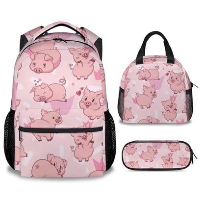 Pig Backpack with Lunch Box and Pencil Case, 16 Inch Cute Pig Bookbag Durable, Lightweight, Large Capacity, Funny Animal Backpack for School Girls Kids Women - color: Style-3-2