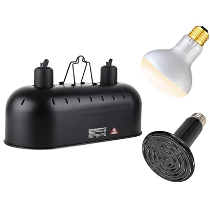 DXOPHIEX Dual Reptile Light Fixture,Reptile Heat Lamp Fixture with 150W Basking Bulb&Ceramic Heat Emitter,Double Dome Heat Lamp for Lizard,Gecko,Bearded Dragon,Tortoise,Snake,Chameleon - style: 15inch with 150W Basking Bulb&Ceramic Heat Emitter