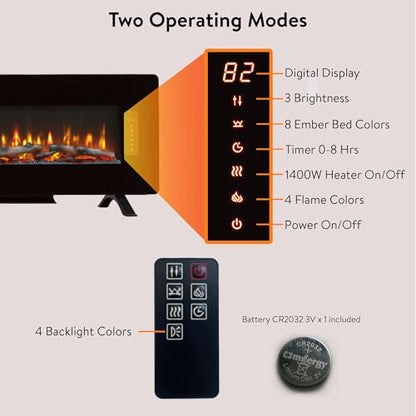 48" Curved Glass Electric Fireplace, Wall Fireplace Electric with Remote Control, 4 Adjustable Flame Colors, Wall Mounted/Freestanding, 1400W Fireplace Heater, Backlight, 3 Media Bed, Timer - size: 48 Inch Standard