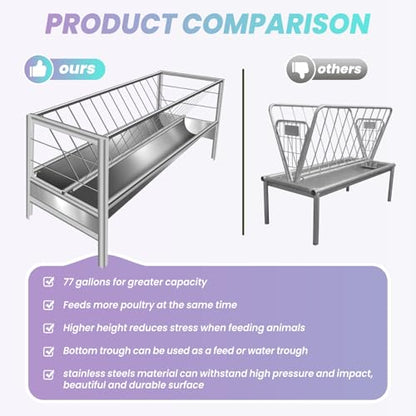 Pasture Feeder, Heavy Duty 77 Gallon Goat Hay Feeders, Stainless Steel Hay Feeder for Horses 59”, Easy Assembly for Goats, Sheep, and Horses, Ideal for Farm Use (Silver Stainless Steel)
