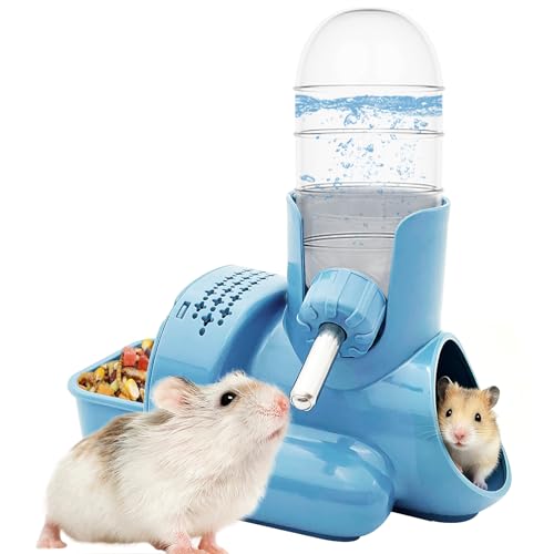 VANNON 3 in 1 Hamster Water Bottle No Drip Small Animal Water Bottle Automatic Bottle Dispenser with Food Container Base Hut and Hideout Base 4oz/120ml,Leekproof, BPA Free - color: Blue