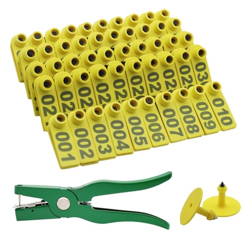 001-100 Sheep Ear Tags with Plier Ear Tag Needle Pins (Yellow) - color: Yellow