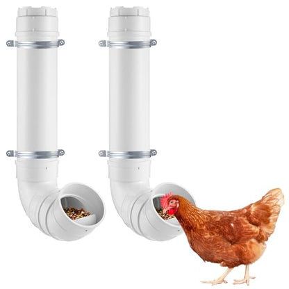 2 Set Automatic Chicken Feeder No Waste - 13 Pounds Large Capacity Heavy Duty PVC Pipe Hanging Chicken Feeder, Poultry Gravity Feed Port for Chicken Long Feeding - color: White-2 set
