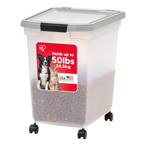IRIS USA Airtight Dog Food Storage Container, WeatherPro, Up to 50 lbs, Removable Wheels, for Dog Cat Bird and Other Pet Food Storage Bin, Keep Fresh, Translucent Body, Made in USA, Clear/Gray - color: Gray, size: 50 lbs