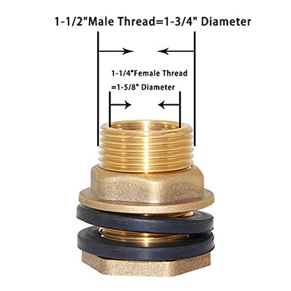 Joywayus 1-1/4" Female 1-1/2" Male Soild Brass Water Tank Connector Bulkhead Tank Fitting With 2 Rubber Ring Stablizing - size: 1-1/4" Female - 1-1/2" Male