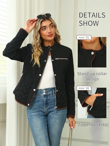 Bellivera Women's Stand Collar Lightweight Quilted Puffer Jacket | Casual Padded Zip Long Sleeve Coat for Spring and Winter with Pockets - color: Black Diamond, size: X-Large