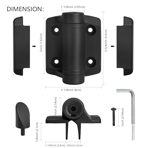 Self Closing Gate Hinges, Heavy Duty Self-Aligning Spring Nylon Hinges, Adjustable Tension with Safety Cap Fence Hinges Kit for Outdoor Metal/Vinyl/Wooden Gate, 1 Pair Black