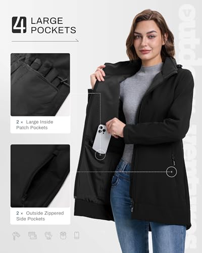 Outdoor Ventures Women's Softshell Jacket with Removable Hood Fleece Lined Windbreaker Insulated Long Warm Rain Jacket - color: Black, size: X-Large
