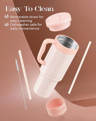 40 oz Insulated Tumbler with Handle and Push-Button Straw Lid, Stainless Steel Travel Cup for Gym Office, Leakproof, BPA-Free, Cup Holder Friendly, Bow Silicone Boot, Cream (Coquette Peachy) - color: Coquette Peachy
