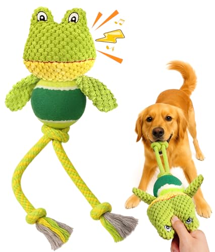 Swooflia Durable Squeaky Dog Toy - Interactive Plush Cute Frog with Rope Legs, Teeth Cleaning Tug Toy for Small Medium and Large Dogs, Puppy Chew Toy for Training and Play - color: Green