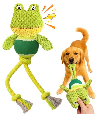 Swooflia Durable Squeaky Dog Toy - Interactive Plush Cute Frog with Rope Legs, Teeth Cleaning Tug Toy for Small Medium and Large Dogs, Puppy Chew Toy for Training and Play - color: Green