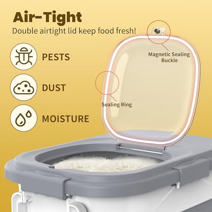 HOYTAMDA 20-30Lbs Rice Container,Collapsible Airtight Food Storage Containers with Wheels,Handle,Rice Storage Container with Small Bin and Scoop,Rice Dispenser for Flour Sugar Cereal Grain Dog Cat - color: Grey-20/30lbs