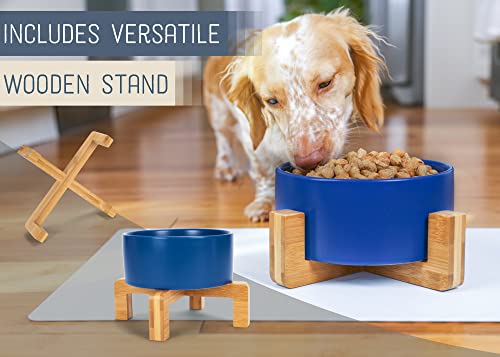 NAT & Jules Small Navy 6 inch Stoneware Ceramic and Wood Pet Bowl with Stand - color: Navy