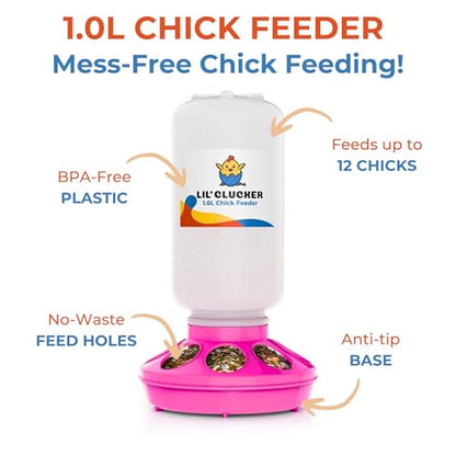 Lil'Clucker 1L Chick Feeder, 1.5L Chicken Waterer - No Leakage Chick Feeder and Waterer Kit, Durable Chicken Water Feeder, Chicken Feeder and Waterer Set, Poultry Waterer (Pink) - color: Pink