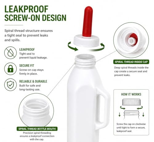 Screw Nipple Calf Feeding Bottle 2 Quart – Leak-Proof Milk Feeder with Ergonomic Handle, Easy Clean, Includes 5 Nipples, Farm & Ranch Feeding Set (One-Piece Bottle, 2 Pack)