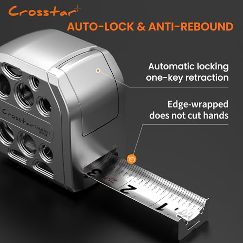 Crosstar 25FT Magnetic Self-Locking Stainless Steel Tape Measure, Double-Sided Scale, Waterproof & Rustproof Retractable Measuring Tape with Hollow Design for Home, Industrial, Woodworking - size: 7.6 m