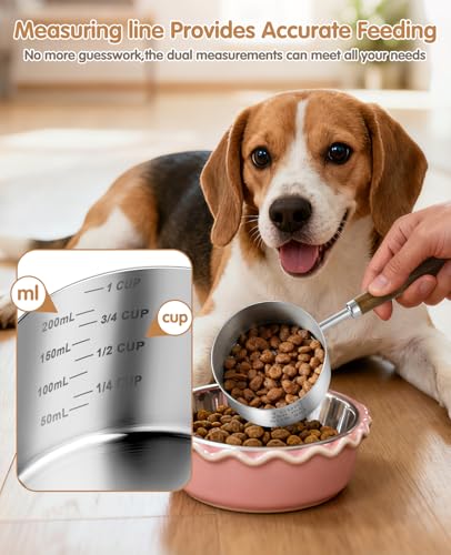 Stainless Steel Dog Food Scoop 1 Cup, Dog Food Measuring Cup With Measuring Lines (Cup/ML) & Long Wooden Handle, Metal Pet Food Scoop For Dogs, Cats and Kitchen Use, Dishwasher Safe - size: 1 CUP
