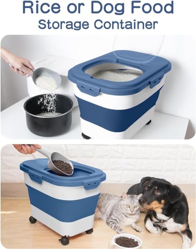 20-23 Lbs Dog Food Storage Container - Collapsible Dog Food Container with Wheels Airtight Lids, Scoop and Small Container, Pet Food Storage Dry Food For Dog, Cats and Other Pet (Blue) | Dog Food Container with Double Airtight Seal & Magnetic Lid,Cat Food