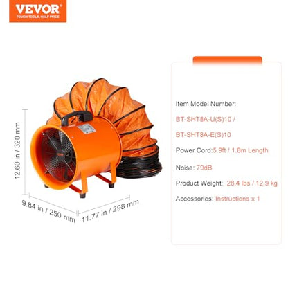 VEVOR Air Mover Blower Fan 8 Inch, 1070CFM 195W with 33ft Flexible Duct, Industrial Portable Ventilator Blower/Exhaust - size: 8in-33ft