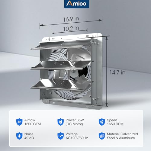 Amico 14 Inch Shutter Exhaust Fan with Remote, Energy Efficient & Quiet 35W EC Motor,1600 CFM Wall Mount Ventilation Fan for Garage, Greenhouse, Warehouse, 9-Speed Adjustable, 1-8H Timer, Plug In,FCC - size: 14 Inch