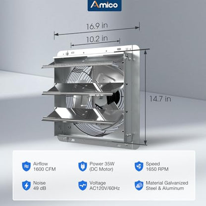 Amico 14 Inch Shutter Exhaust Fan with Remote, Energy Efficient & Quiet 35W EC Motor,1600 CFM Wall Mount Ventilation Fan for Garage, Greenhouse, Warehouse, 9-Speed Adjustable, 1-8H Timer, Plug In,FCC - size: 14 Inch