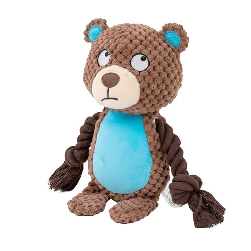Plush Bear Dog Toy with Rope Arms, Squeaky Interactive Pet Toy, Brown and Blue, for Small & Medium Dogs - color: Brown
