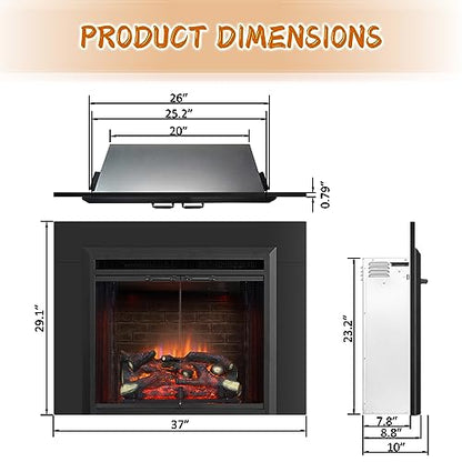 PuraFlame Klaus 26” Electric Fireplace Insert with Trim Kit, Fire Crackling Sound, Resin Log, Glass Door and Mesh Screen, 750/1500W Heater, Black - size: 26" with Trim