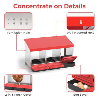 Heavy Duty Galvanized Steel Chicken Nesting Box – 3 Holes, Roll Away Egg Laying, Protective Lid, Wall Mounted, Easy Clean, Vented Pegboard Side, Red (Pegboard Side) - color: Red, size: 3 Room&Mat Board