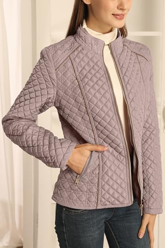 Bellivera Women's Stand Collar Lightweight Quilted Puffer Jacket | Casual Padded Zip Long Sleeve Coat for Spring and Winter with Pockets - color: Pink, size: Large