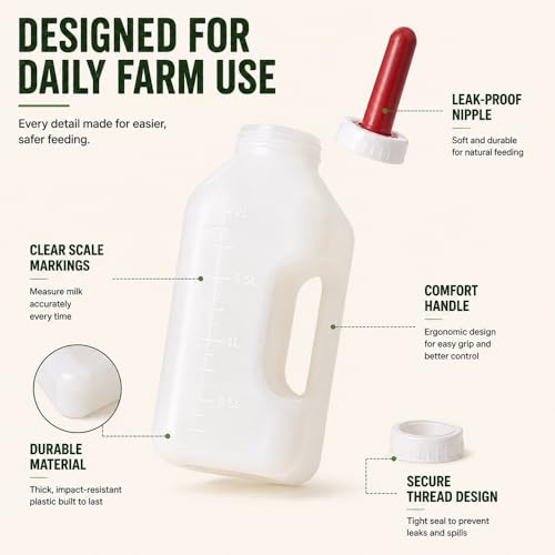 Calf Feeding Bottle with Screw Replacement Nipple, 2 Quart Heavy Duty Calf Milk Feeder with Handle, Leakproof Nursing Bottle for Calves, Lambs & Goats, Livestock Feeding Supplies (White)