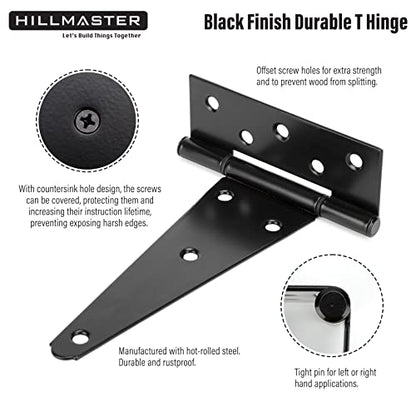 HILLMASTER 10 Inch T-Strap Heavy Duty Shed Door Hinges Gate Strap Hinges Black Tee Hinge Wrought Hardware for Wooden Fences,Yard,Barn Door,Rustproof (4 Pack) - size: 10in 4Pack